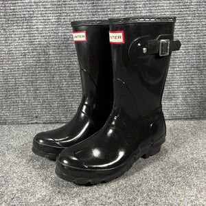 Hunter Boots Womens Size 6 Black Short Glossy Pull On Buckle Rain Casual